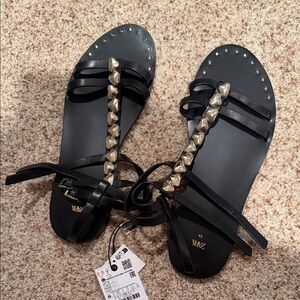 Zara Black Sandals with Gold Studs